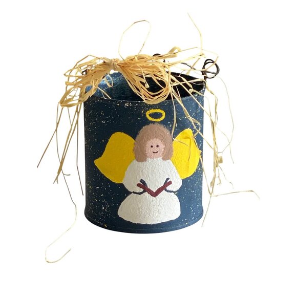Angel Holiday Tin Bucket Navy Raffia & Wire Handle - Picture 1 of 6